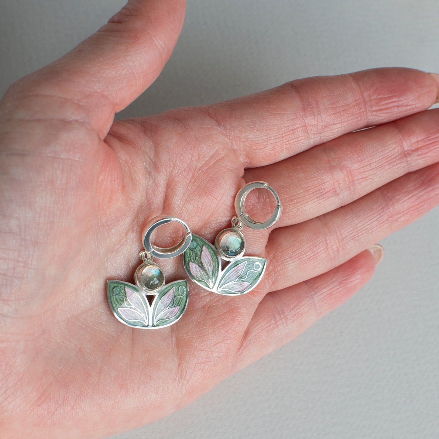 Leaves Shaped Earrings With Labradorite, Cloisonne Enamel Earrings