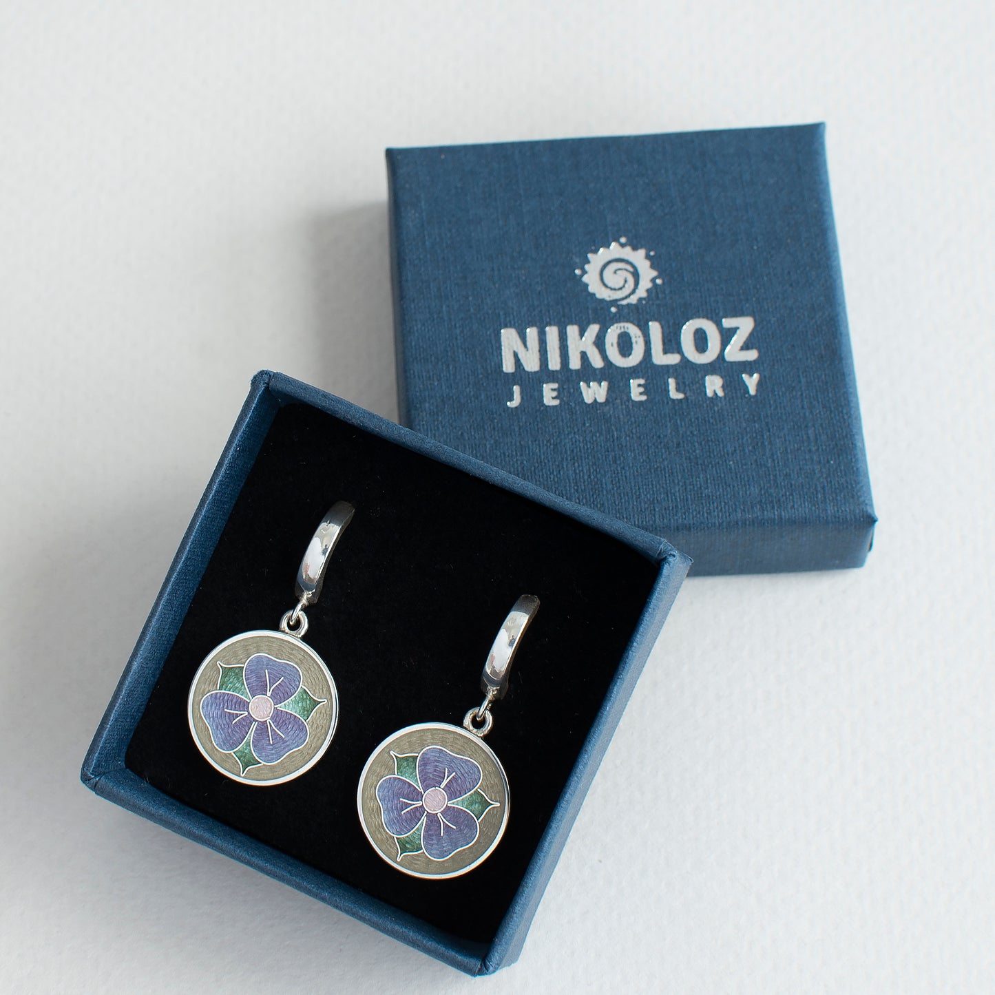 Purple Viola Flower Cloisonne Enamel Earrings