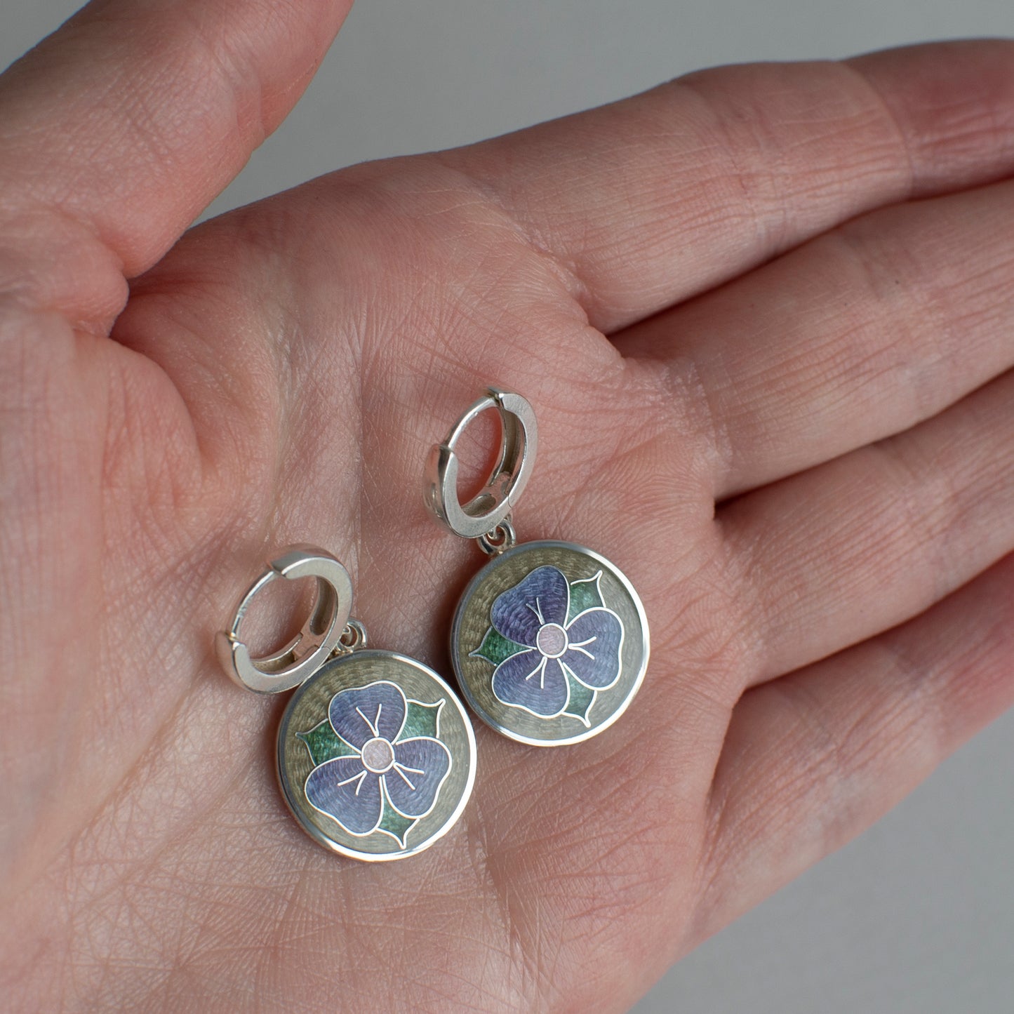 Purple Viola Flower Cloisonne Enamel Earrings