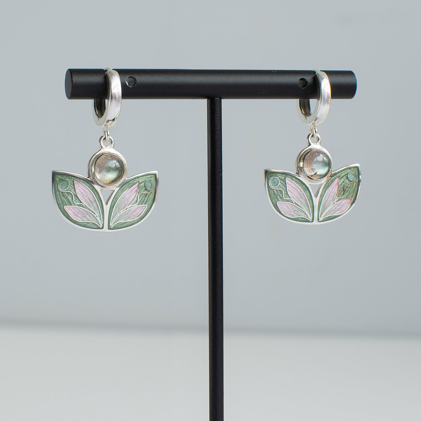 Leaves Shaped Earrings With Labradorite, Cloisonne Enamel Earrings