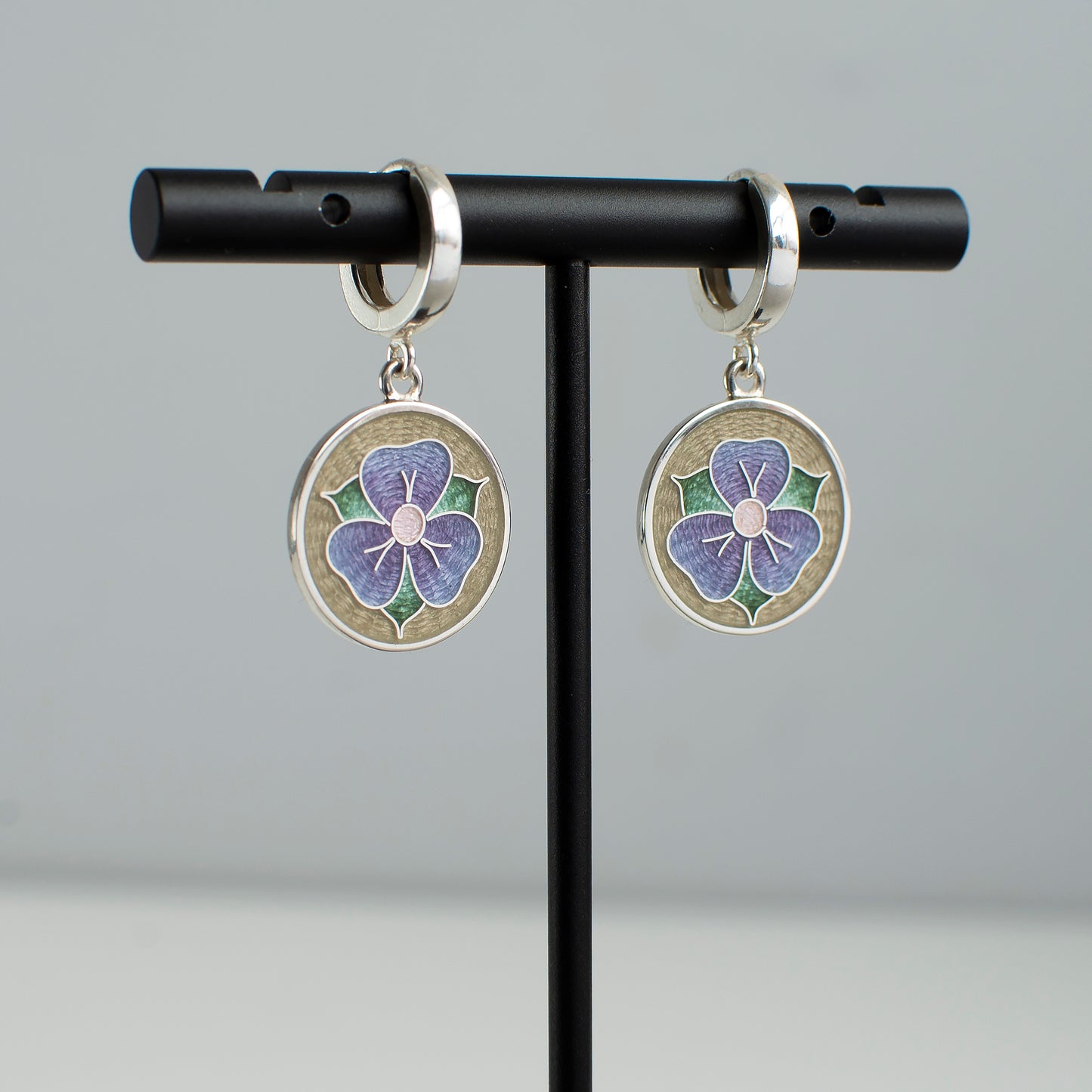 Purple Viola Flower Cloisonne Enamel Earrings