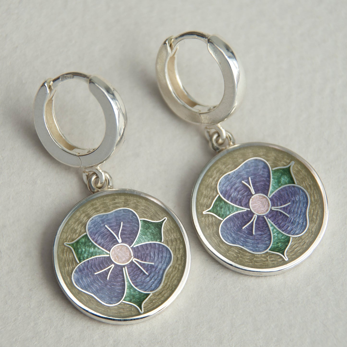 Purple Viola Flower Cloisonne Enamel Earrings