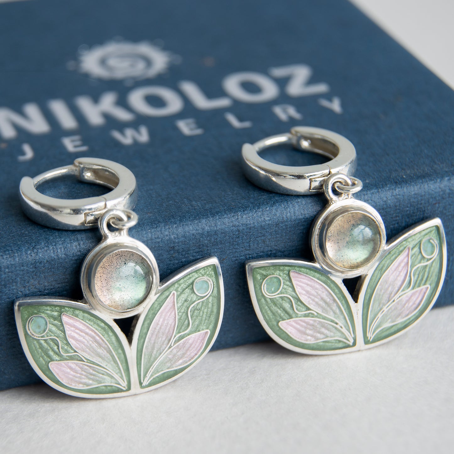 Leaves Shaped Earrings With Labradorite, Cloisonne Enamel Earrings