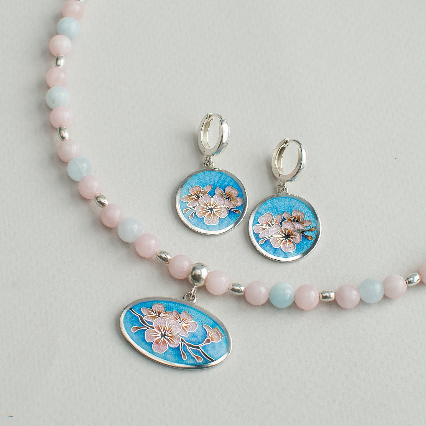 "Sakura" Cloisonne Enamel Necklace And Earrings Jewelry Set