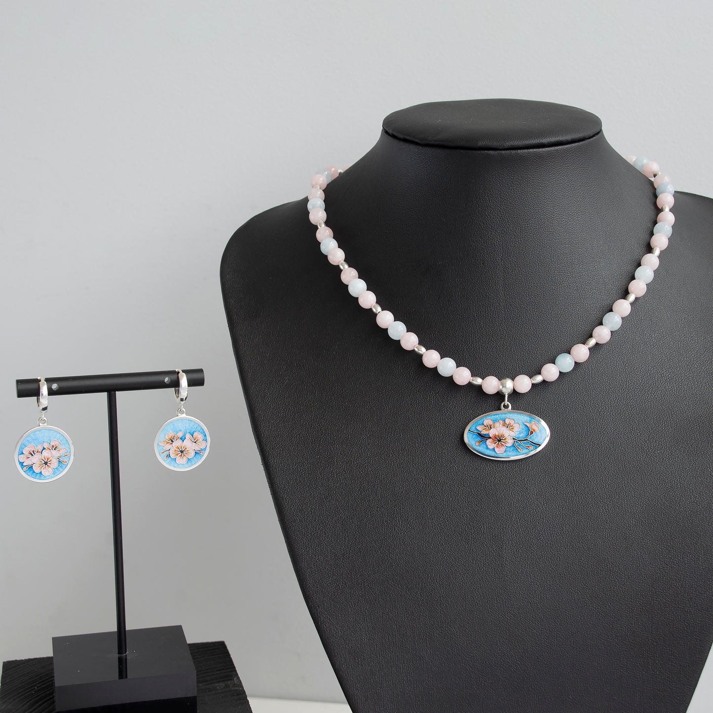 "Sakura" Cloisonne Enamel Necklace And Earrings Jewelry Set