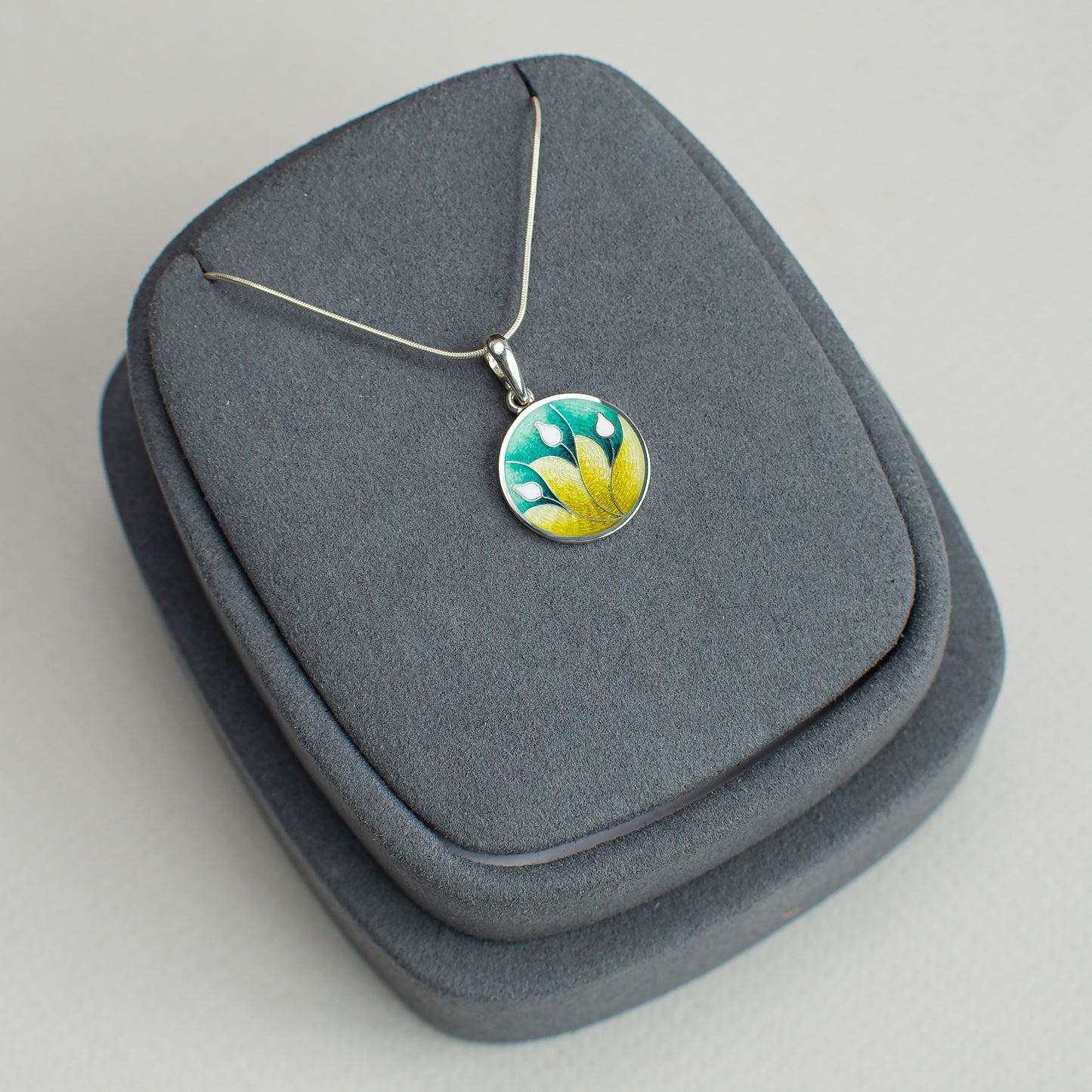 Cloisonne Enamel Pendant, Three Lily Pendant, Round Sterling Silver Necklace
