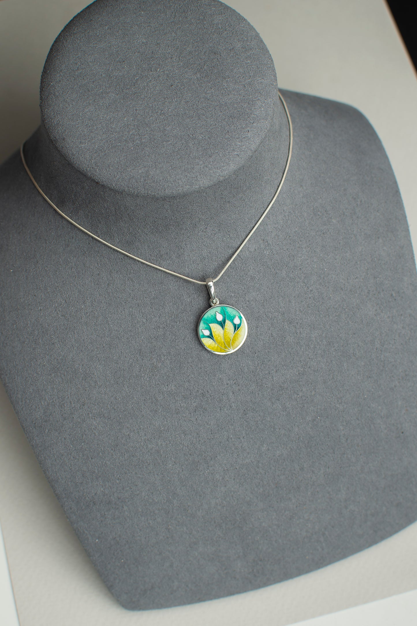 Cloisonne Enamel Pendant, Three Lily Pendant, Round Sterling Silver Necklace