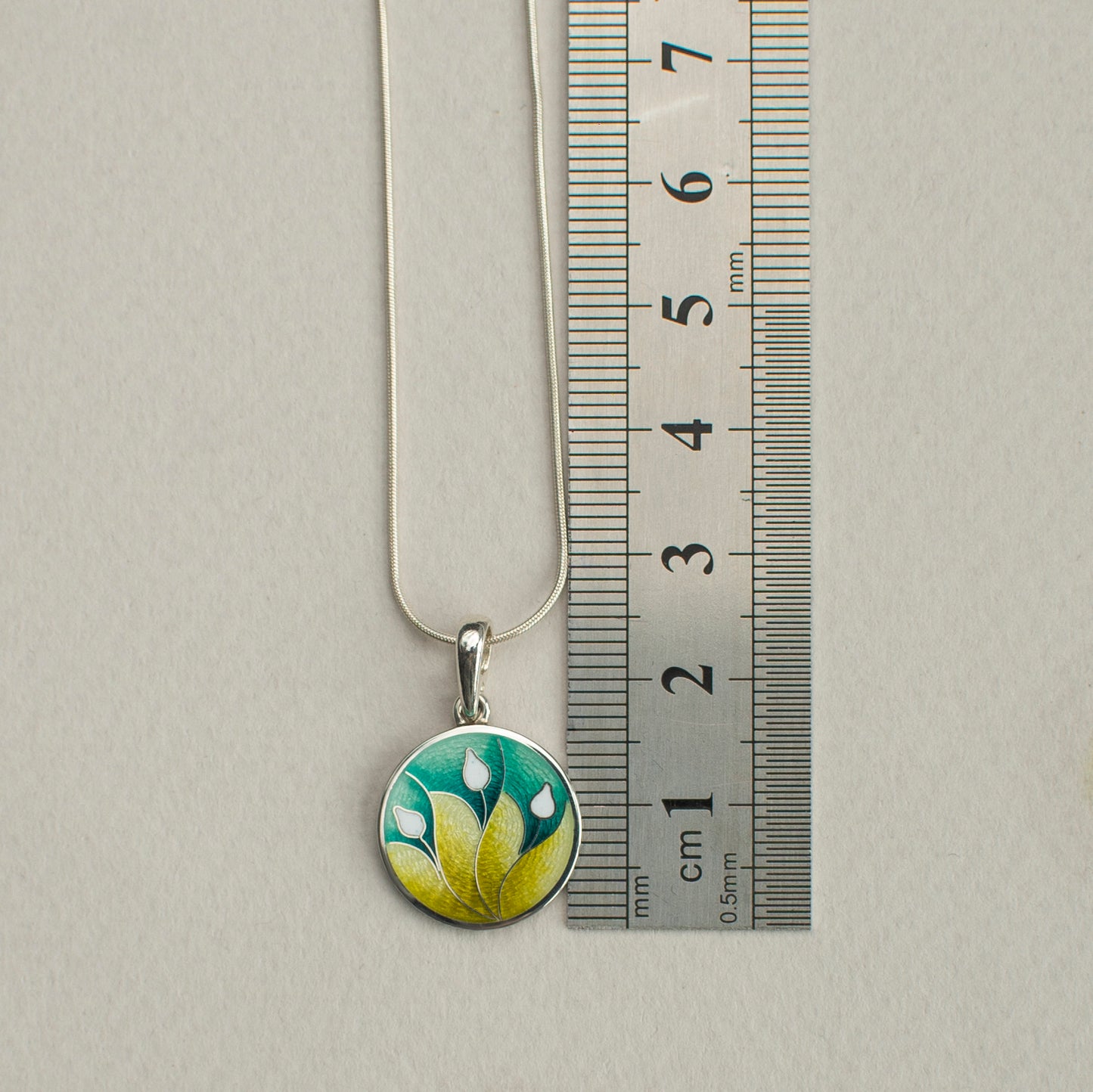 Cloisonne Enamel Pendant, Three Lily Pendant, Round Sterling Silver Necklace