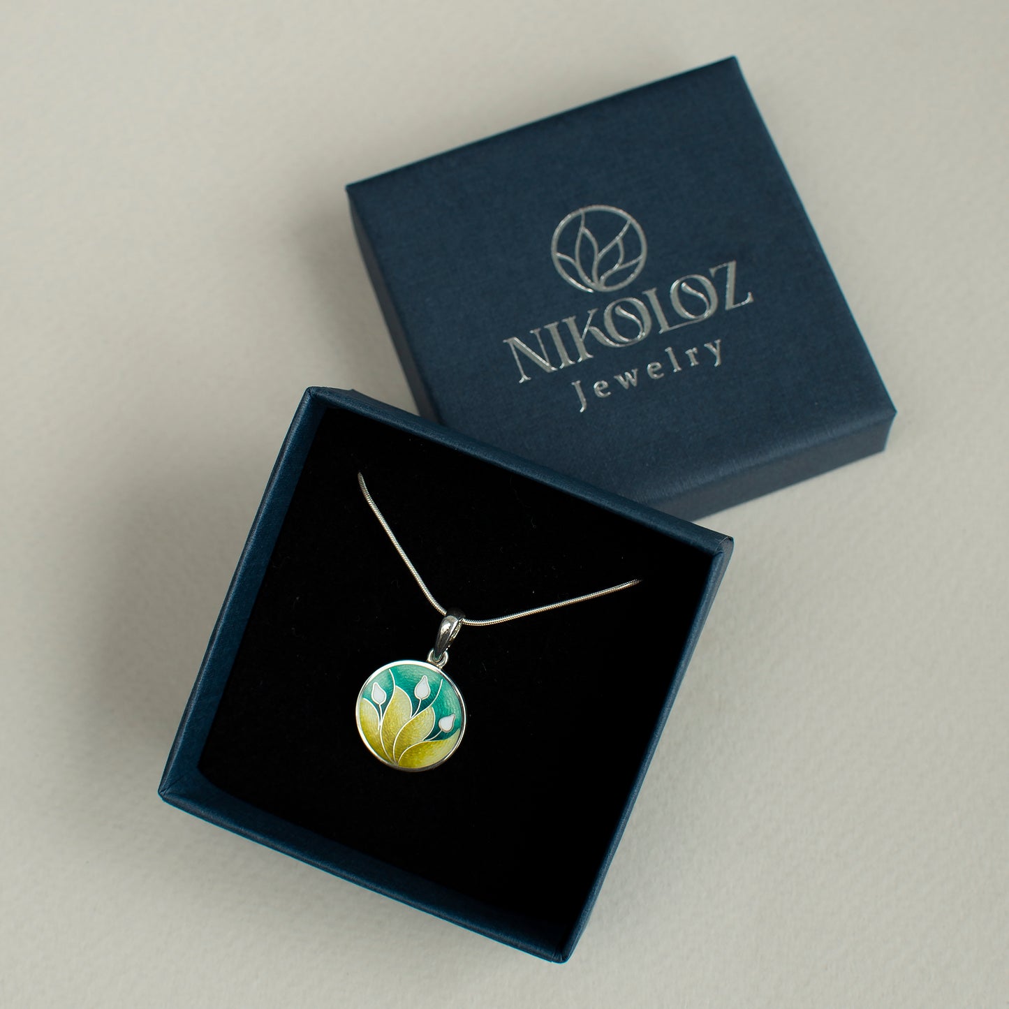 Cloisonne Enamel Pendant, Three Lily Pendant, Round Sterling Silver Necklace