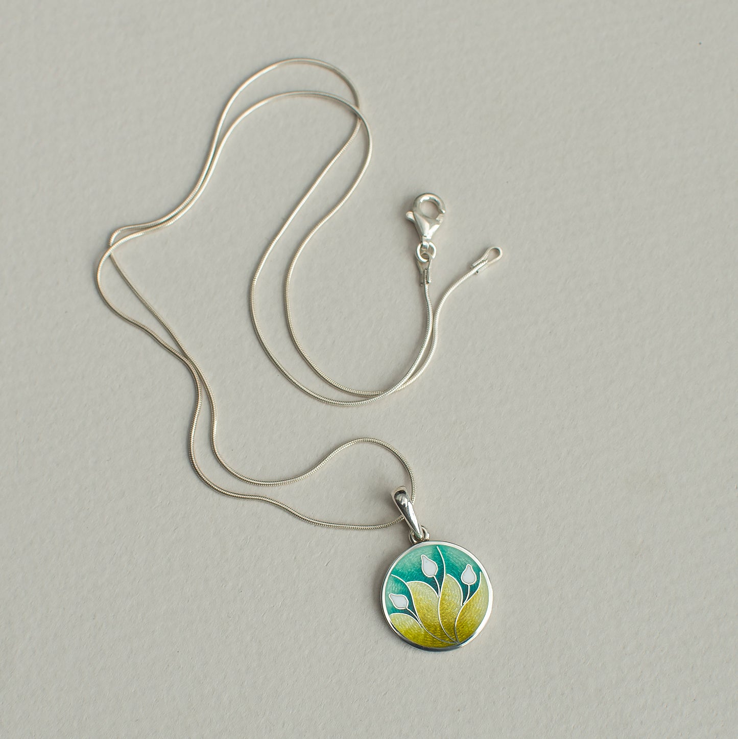 Cloisonne Enamel Pendant, Three Lily Pendant, Round Sterling Silver Necklace