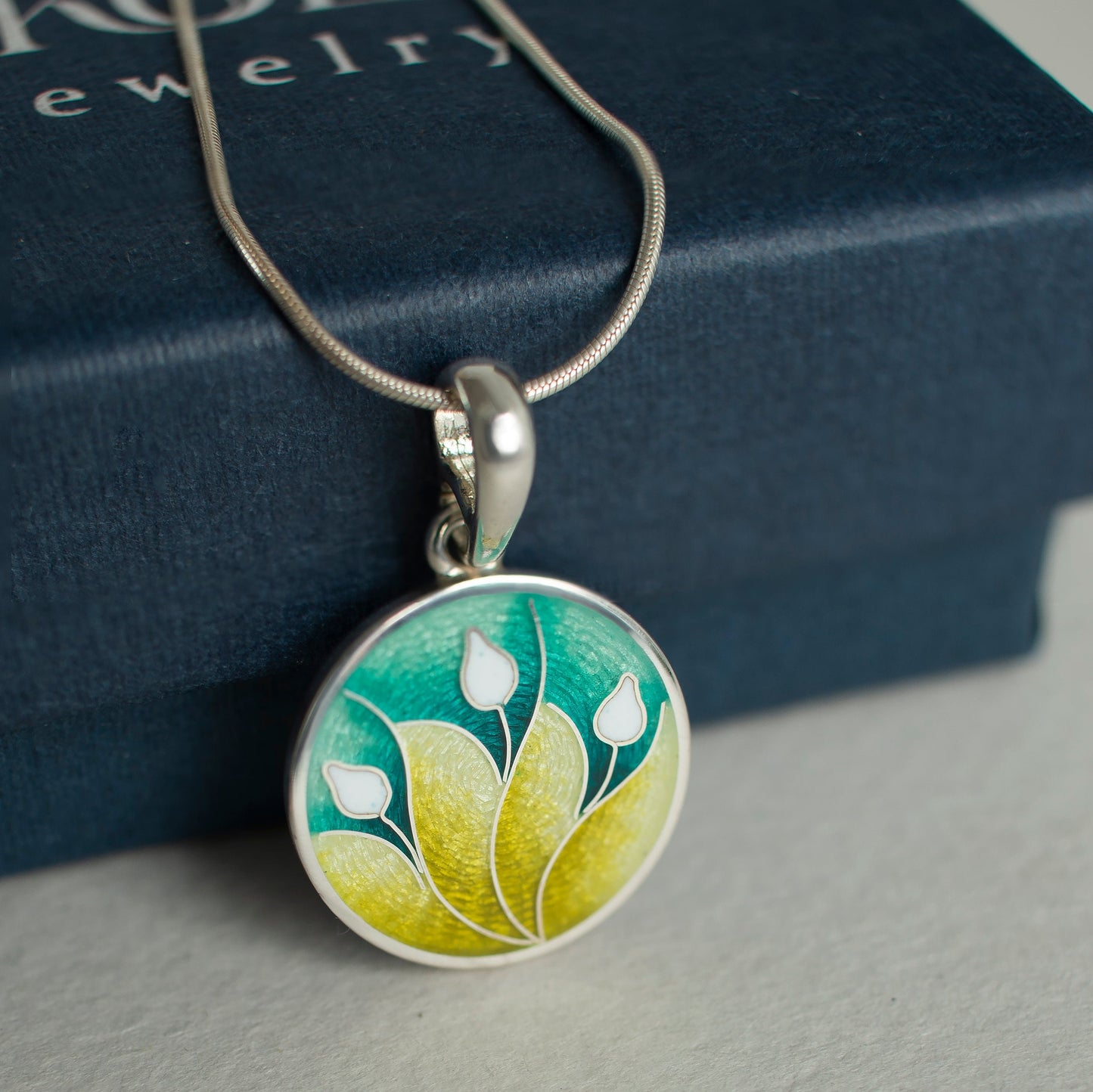 Cloisonne Enamel Pendant, Three Lily Pendant, Round Sterling Silver Necklace
