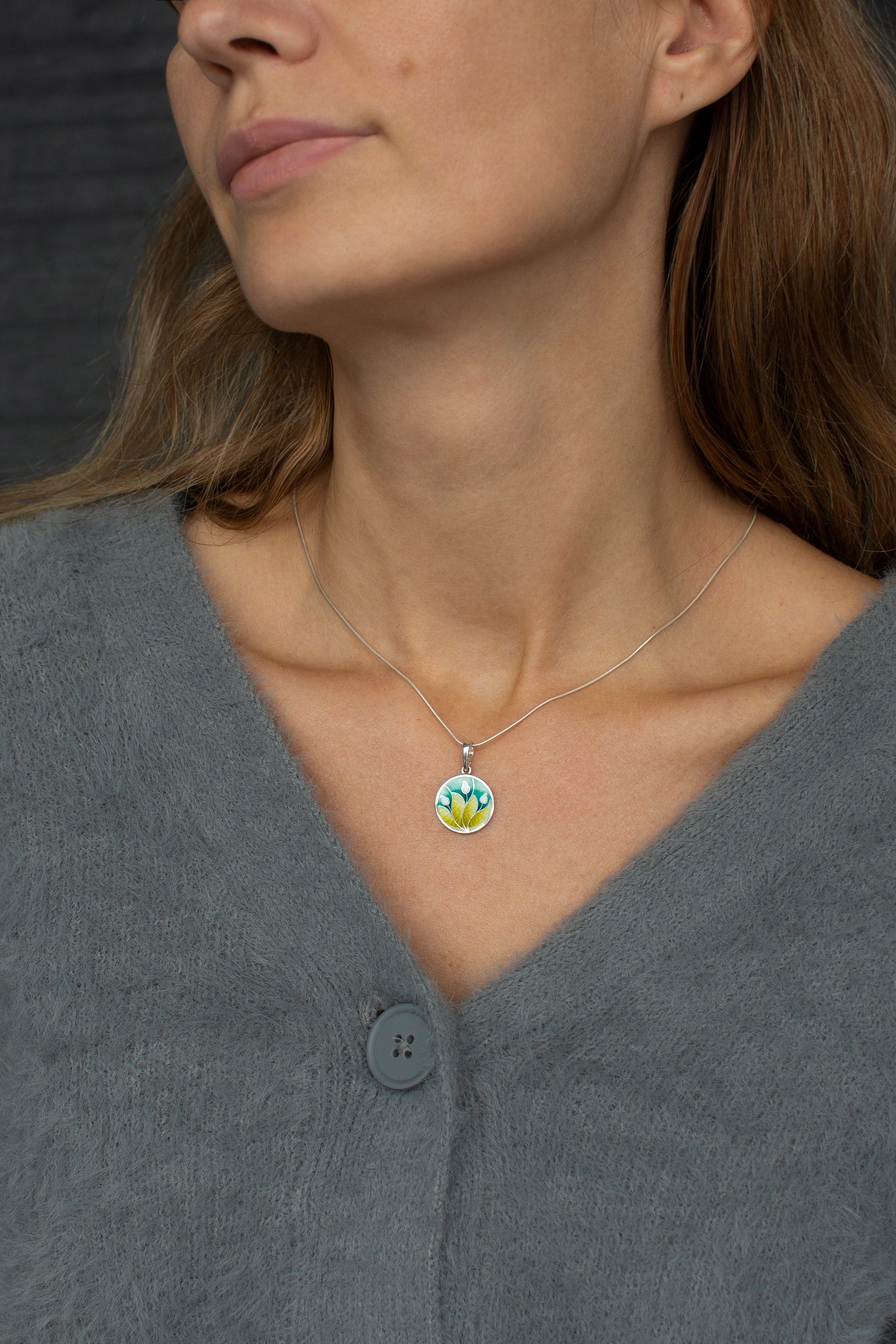 Cloisonne Enamel Pendant, Three Lily Pendant, Round Sterling Silver Necklace