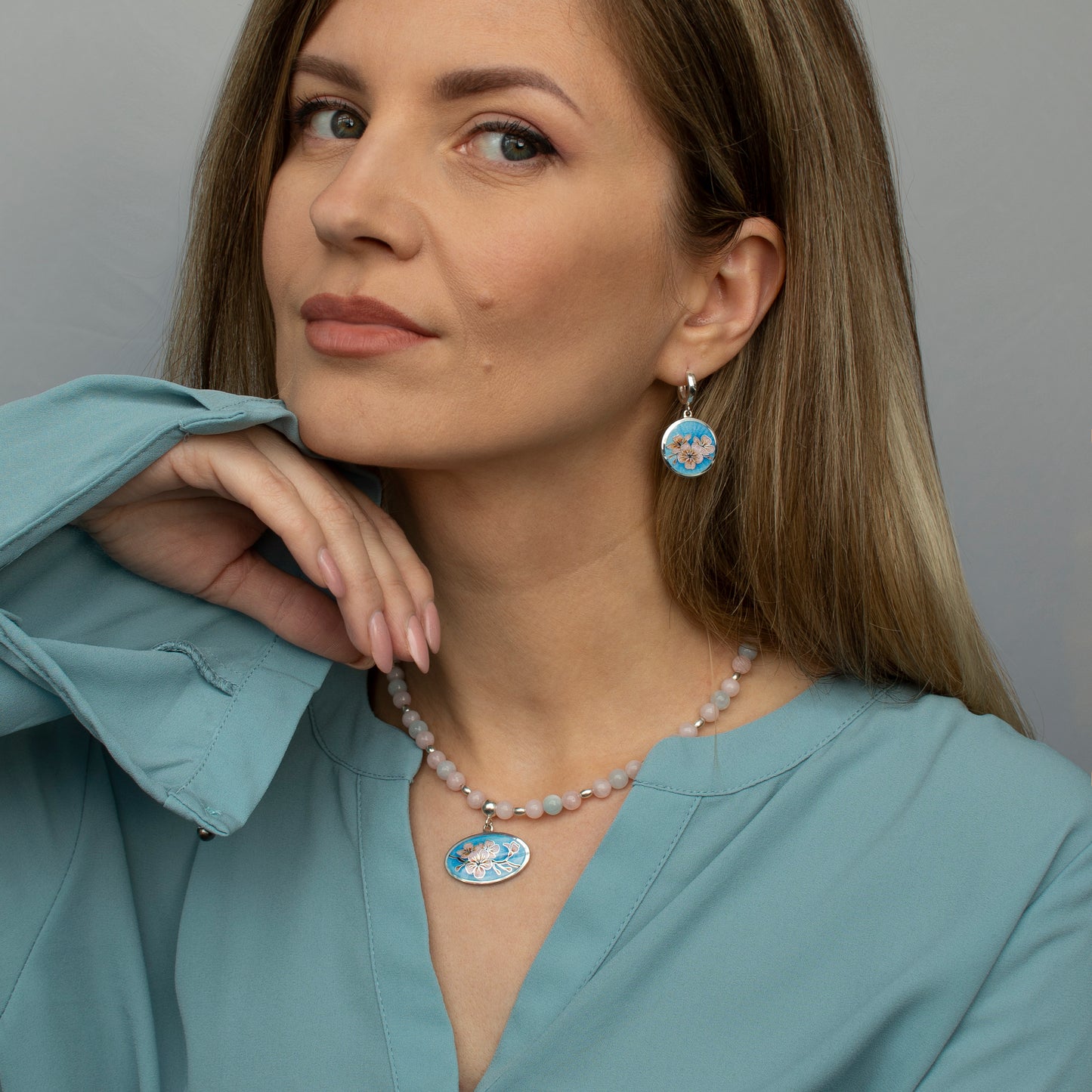 "Sakura" Cloisonne Enamel Necklace And Earrings Jewelry Set