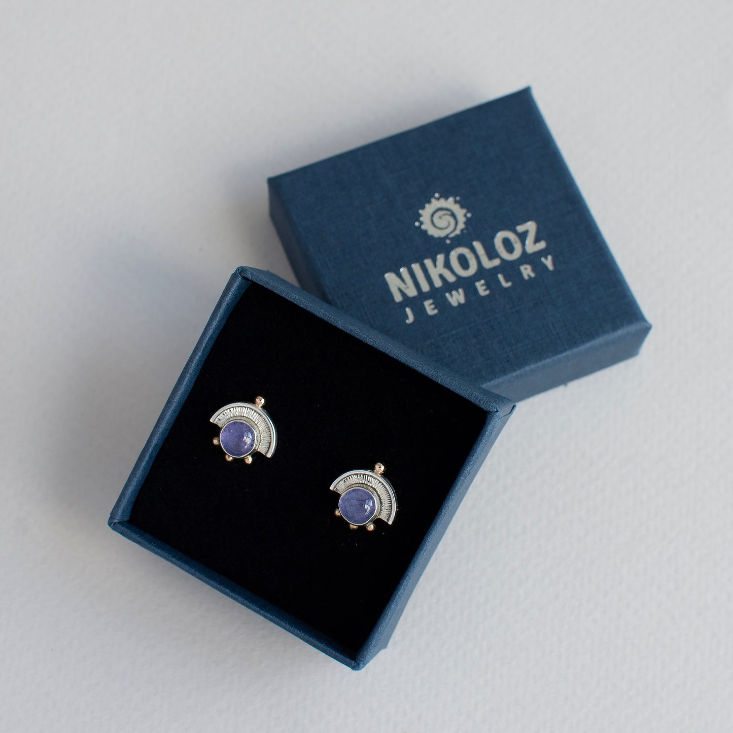 Tanzanite Gold Beaded Stud Earrings