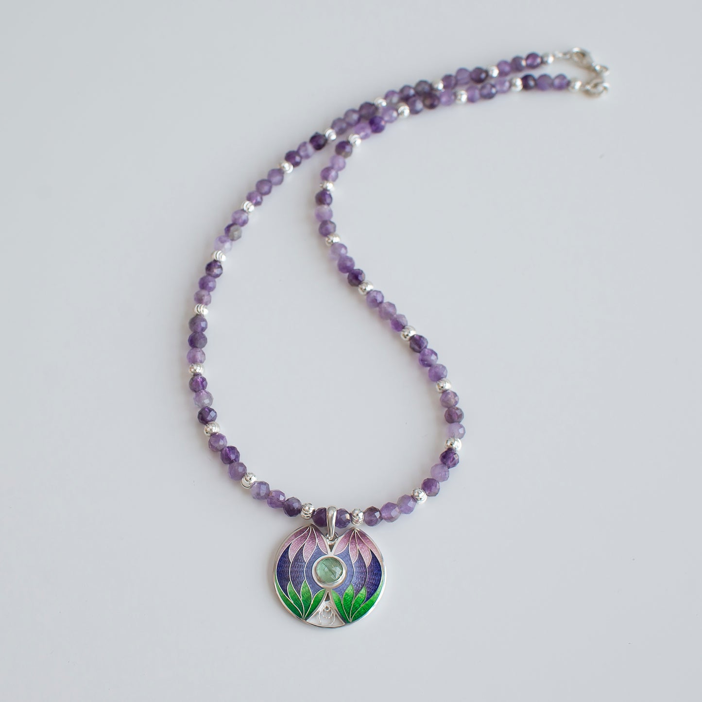 Tropical Enamel Pendant With Amethyst Beaded Necklace