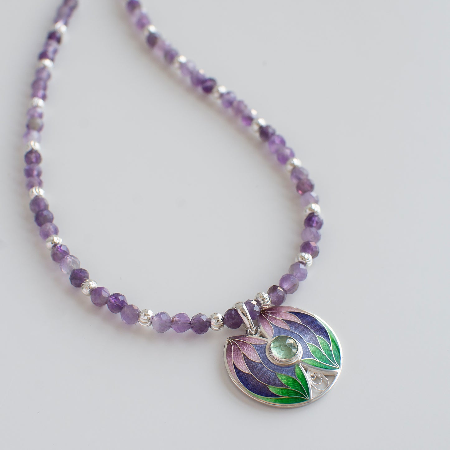 Tropical Enamel Pendant With Amethyst Beaded Necklace