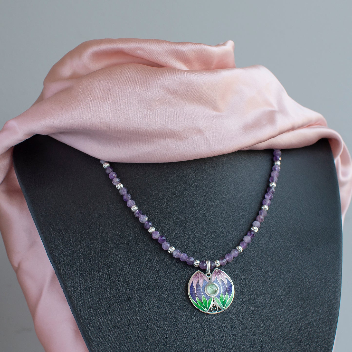Tropical Enamel Pendant With Amethyst Beaded Necklace