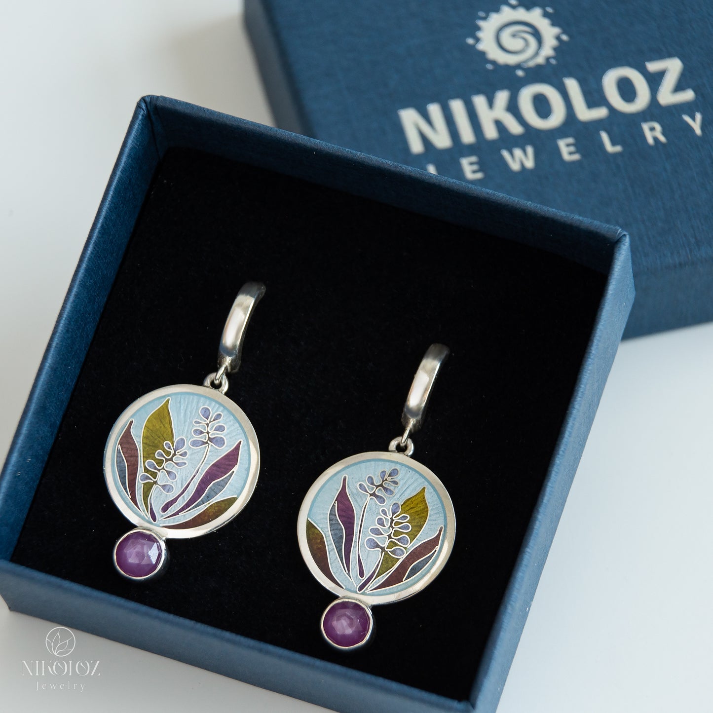 Ruby Star Sapphire Enamel Earrings "Cordyline Fruticosa"