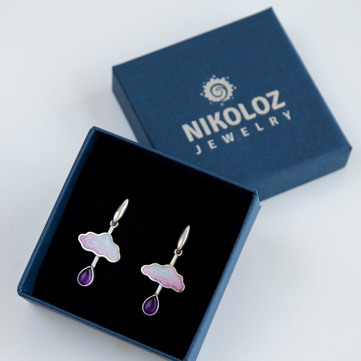 Cloud Raindrop Enamel Earrings With Drop Form Amethyst