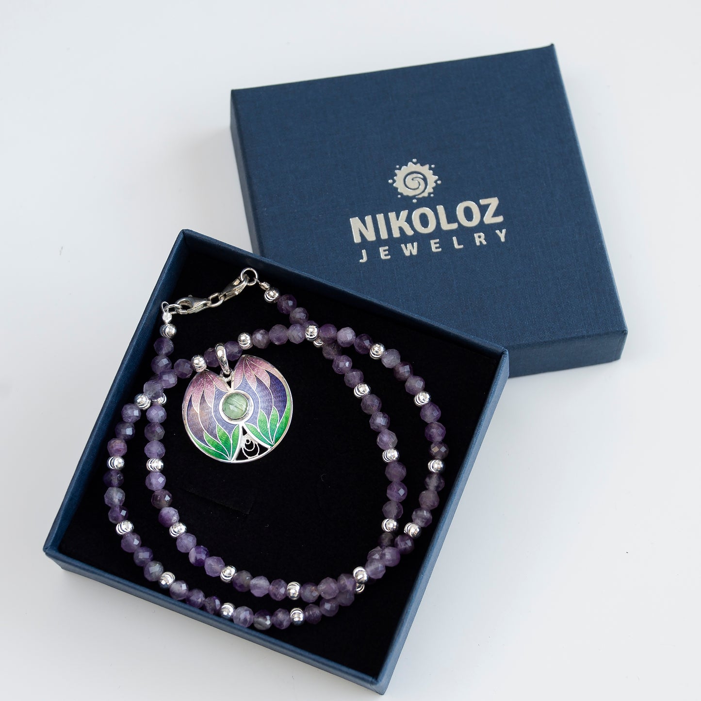 Tropical Enamel Pendant With Amethyst Beaded Necklace