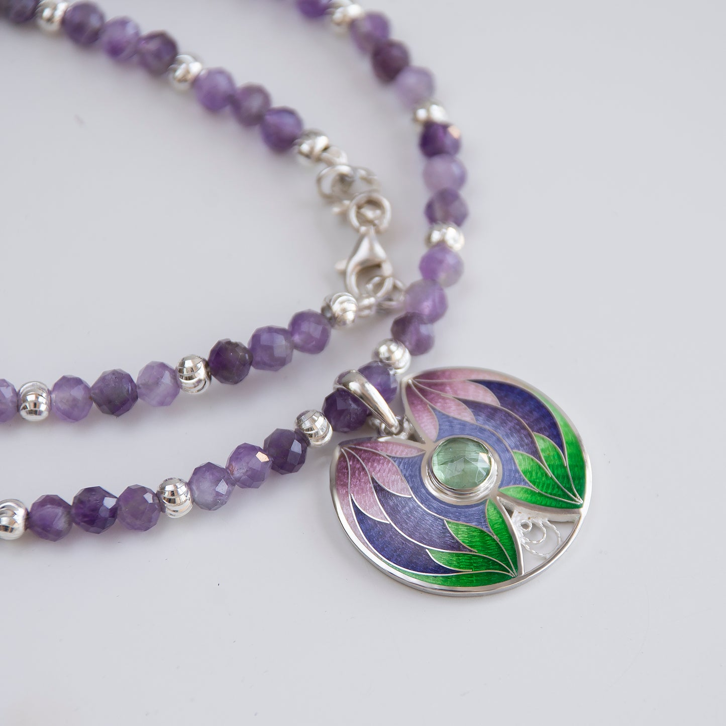 Tropical Enamel Pendant With Amethyst Beaded Necklace