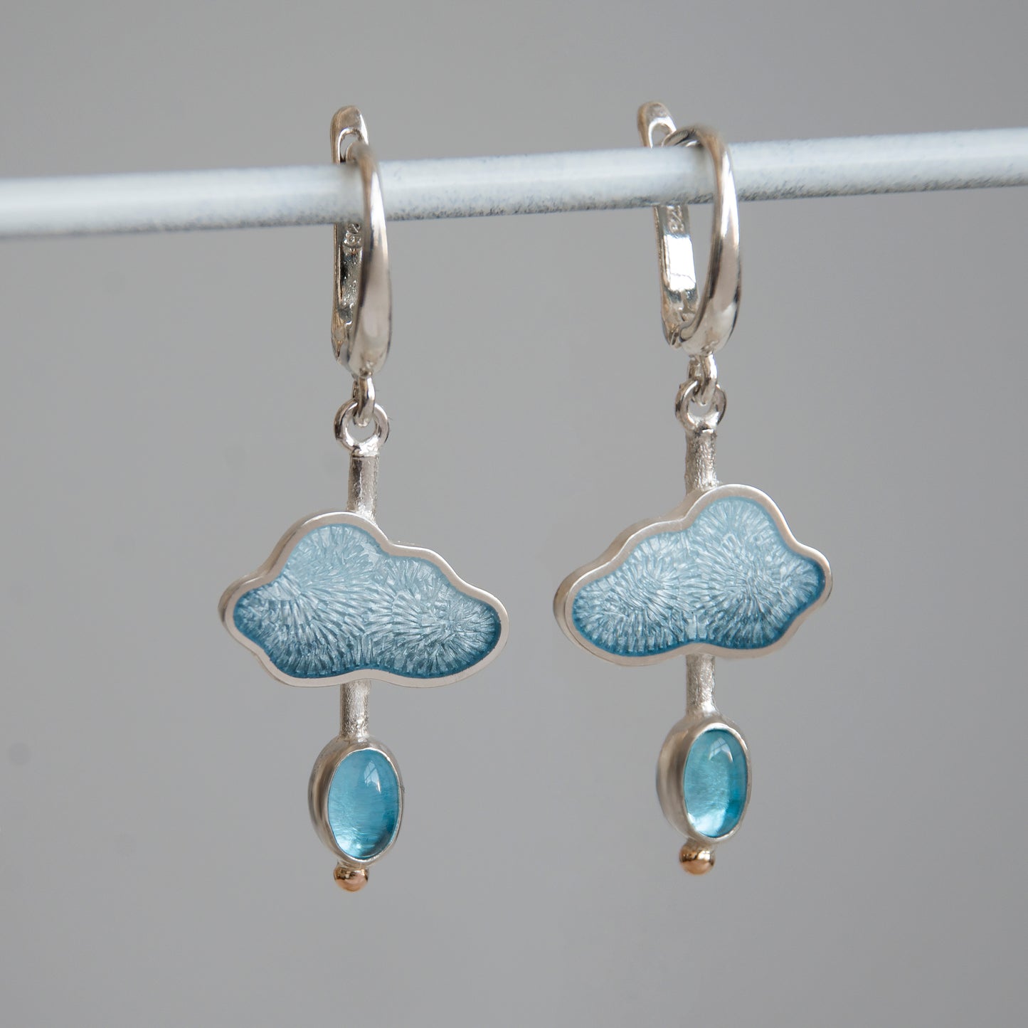 Enamel Earrings Raindrop With Blue Topaz And Gold Beads