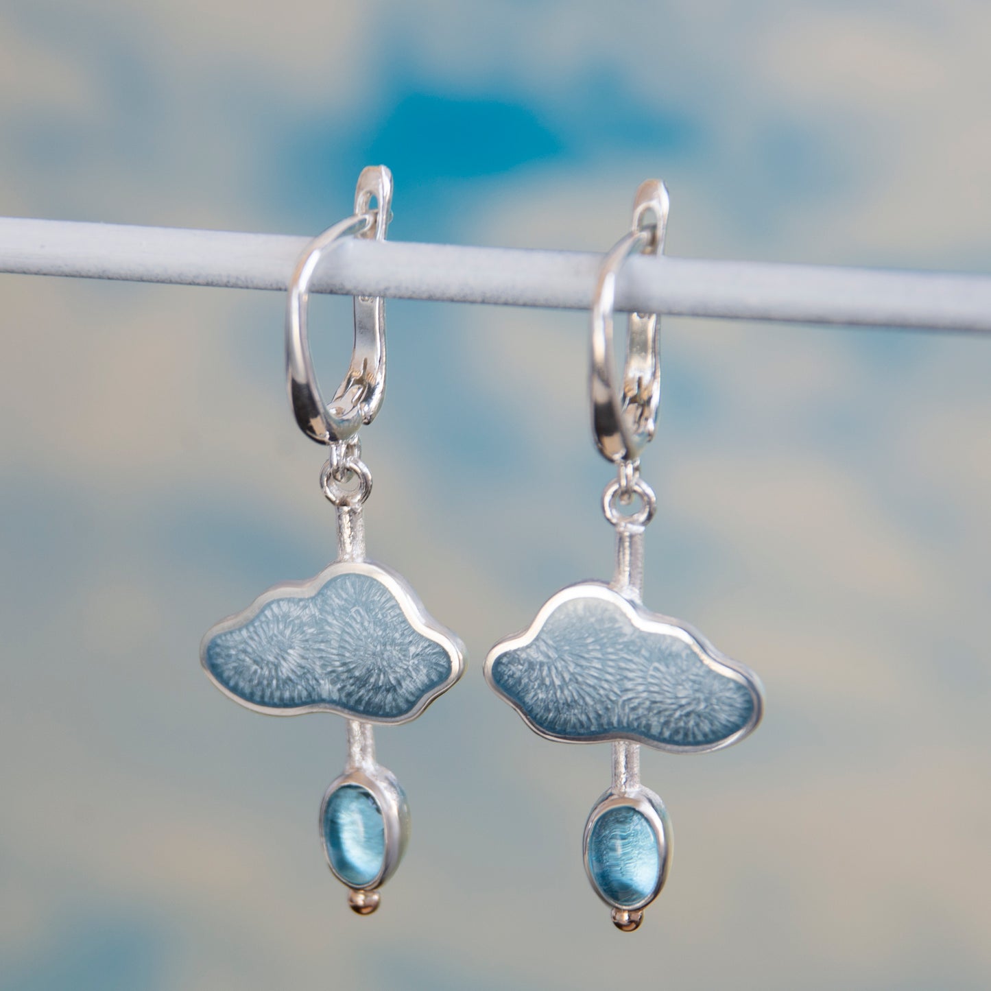 Enamel Earrings Raindrop With Blue Topaz And Gold Beads
