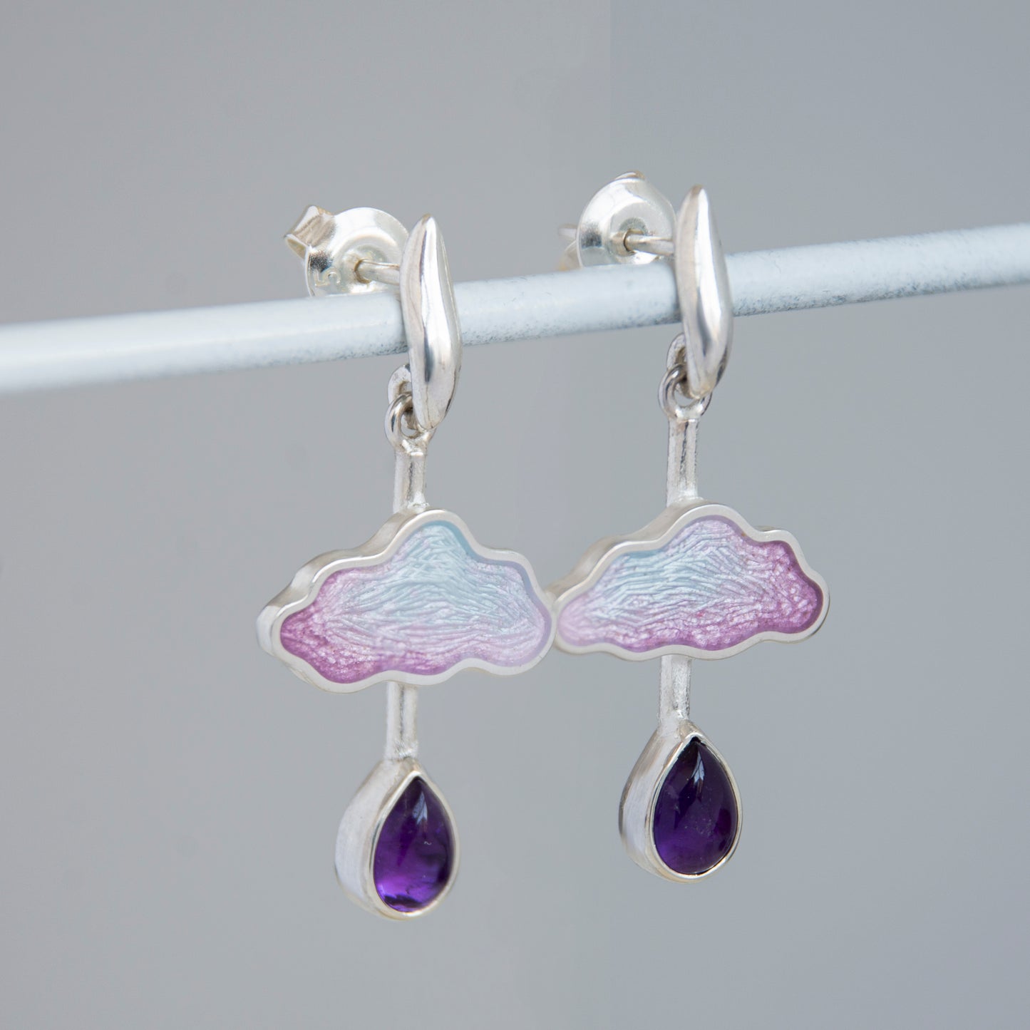 Cloud Raindrop Enamel Earrings With Drop Form Amethyst