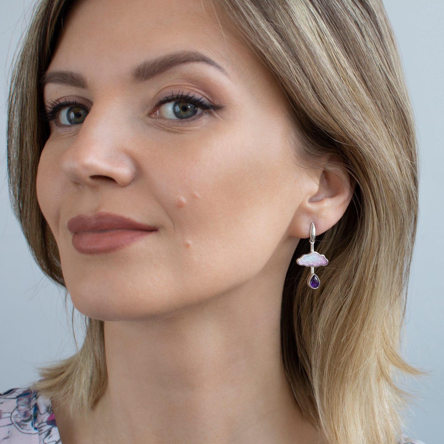 Cloud Raindrop Enamel Earrings With Drop Form Amethyst