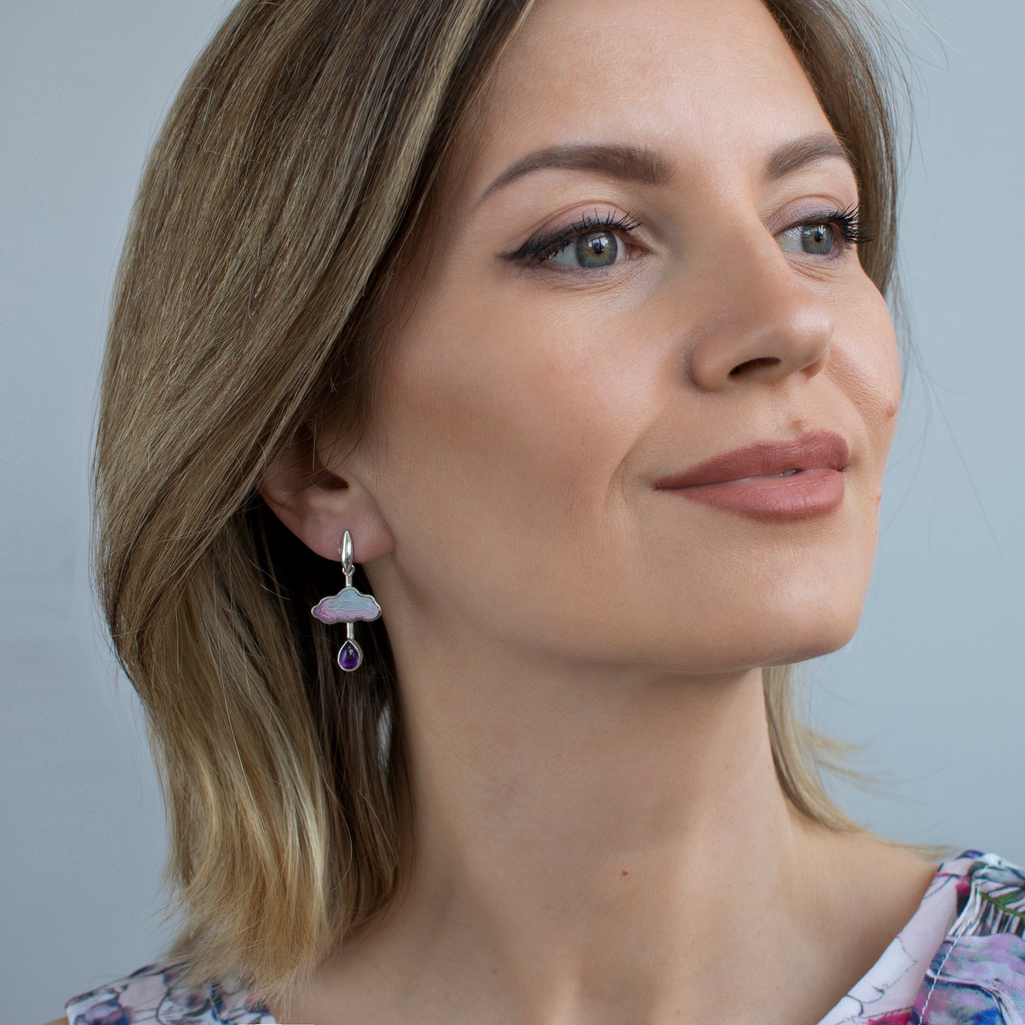 Cloud Raindrop Enamel Earrings With Drop Form Amethyst