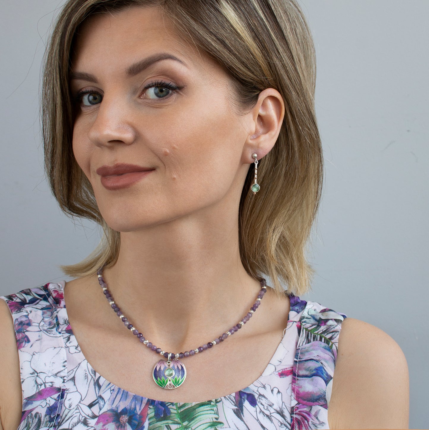 Tropical Enamel Pendant With Amethyst Beaded Necklace