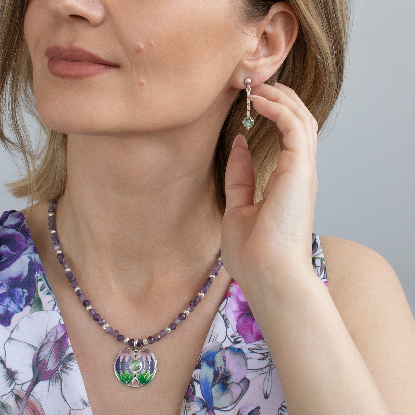 Tropical Enamel Pendant With Amethyst Beaded Necklace