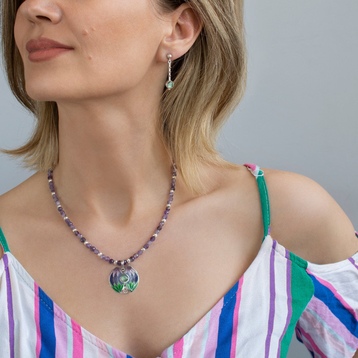 Tropical Enamel Pendant With Amethyst Beaded Necklace