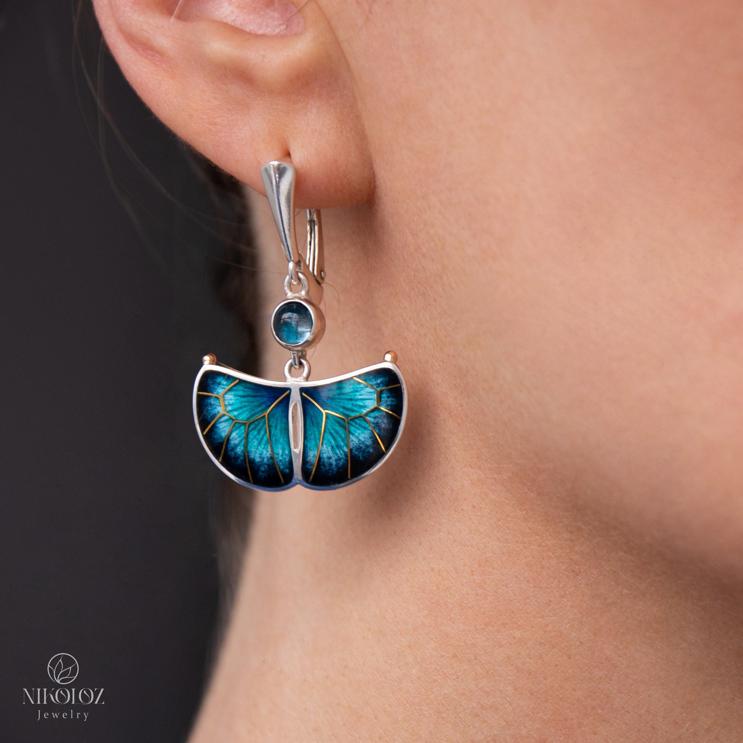 Exotic Butterfly Earrings With London Blue Topaz And Gold Pattern