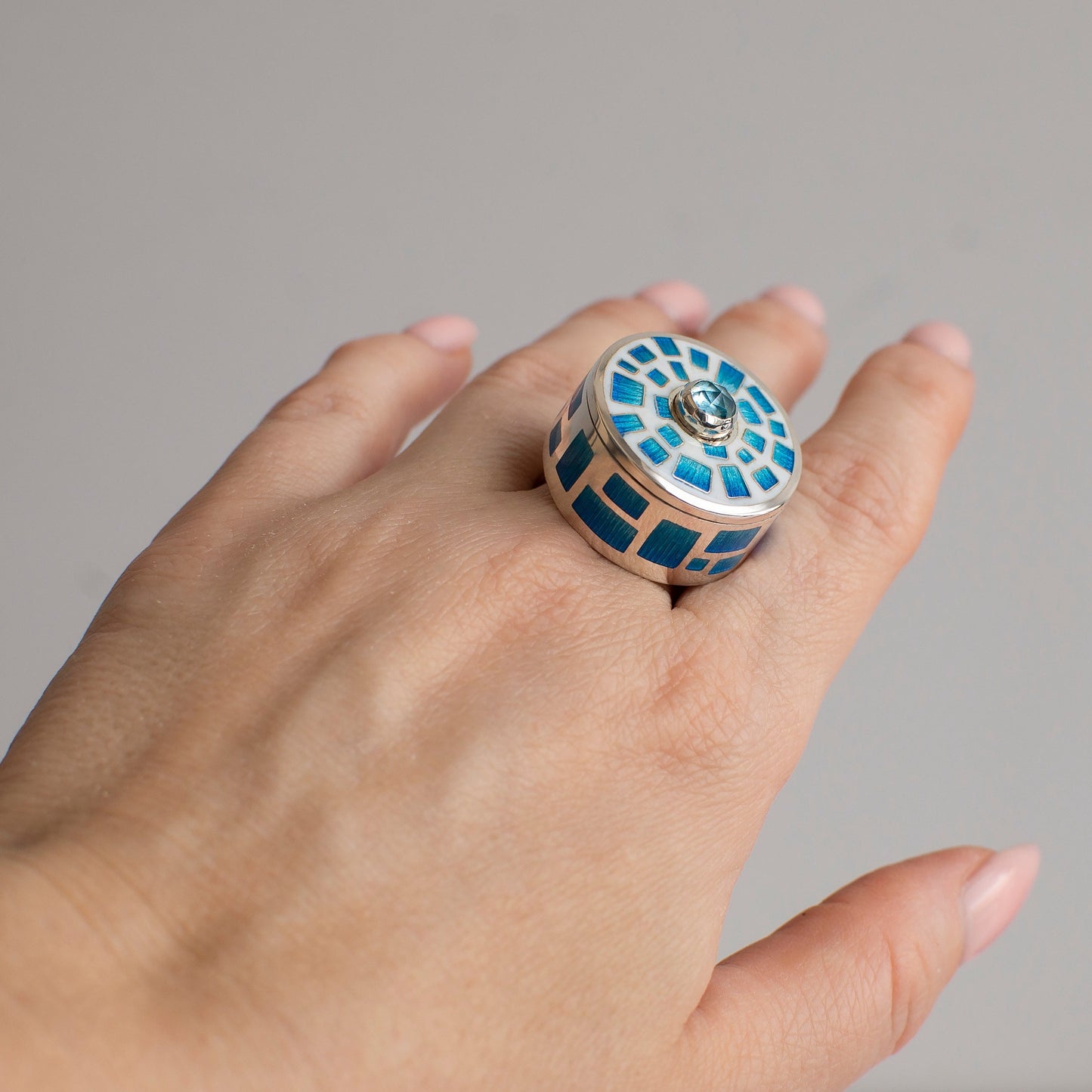 Pillbox or Poison Ring, Enamel Ring With Topaz