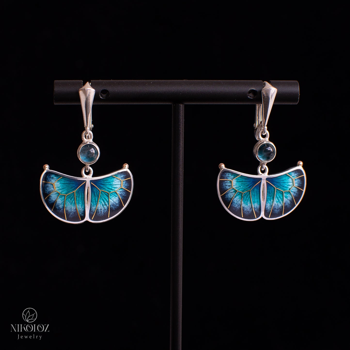Exotic Butterfly Earrings With London Blue Topaz And Gold Pattern