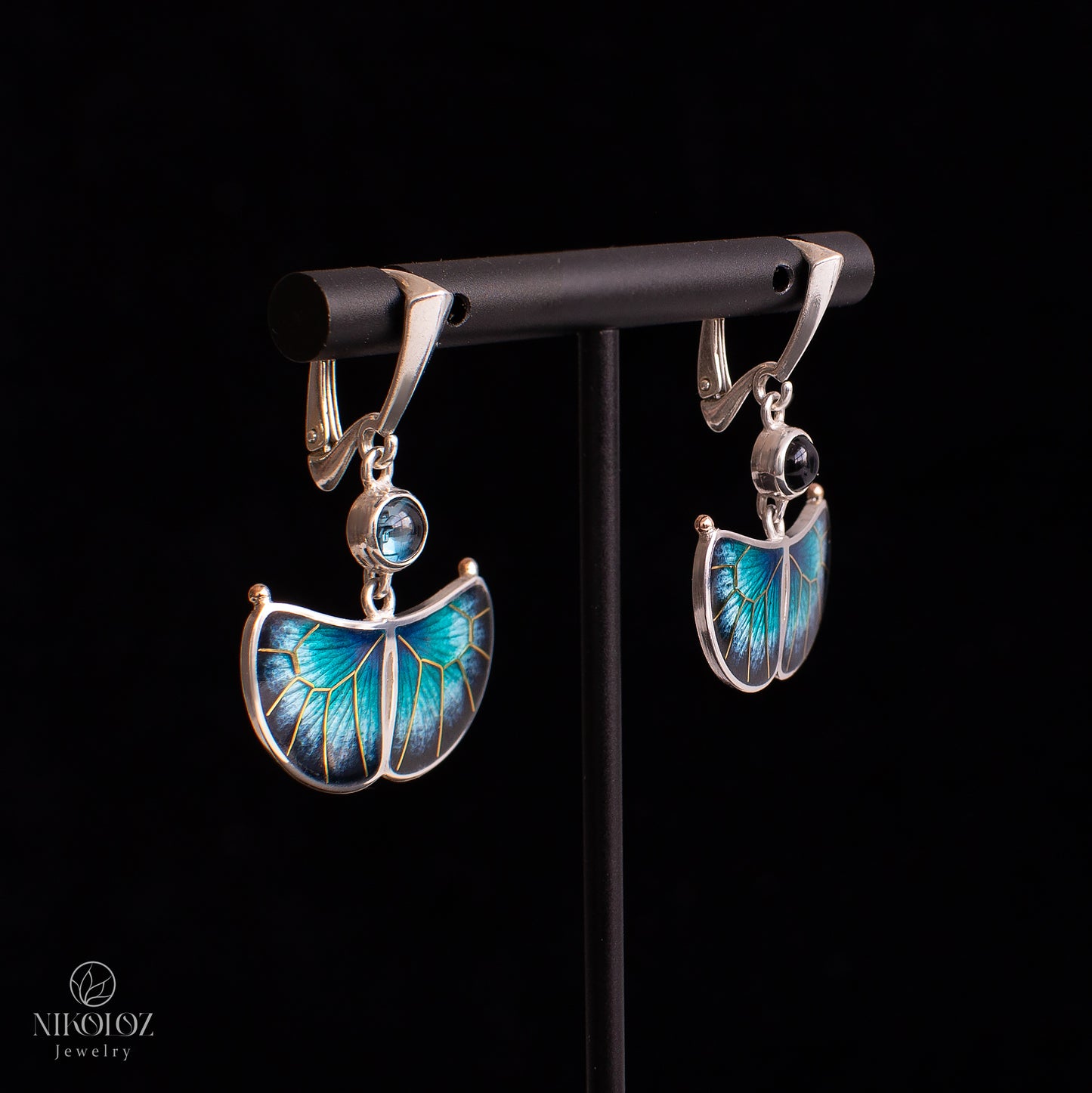 Exotic Butterfly Earrings With London Blue Topaz And Gold Pattern