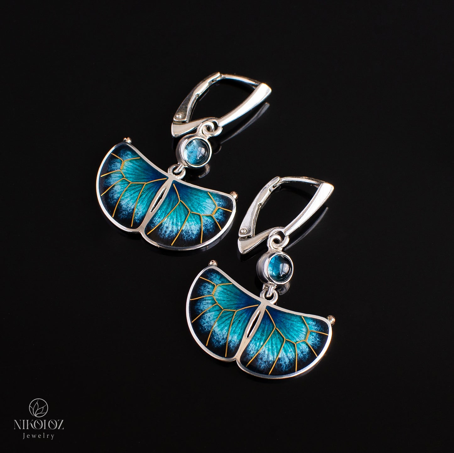 Exotic Butterfly Earrings With London Blue Topaz And Gold Pattern