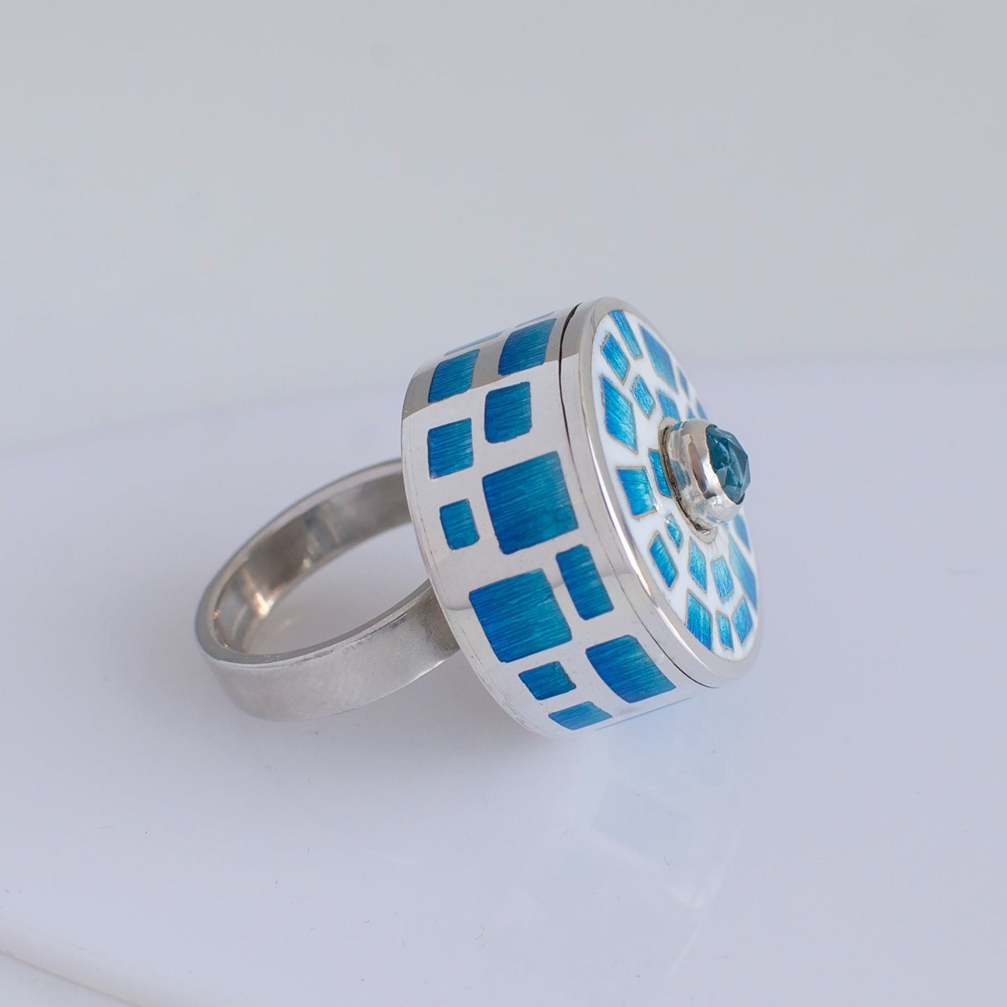 Pillbox or Poison Ring, Enamel Ring With Topaz