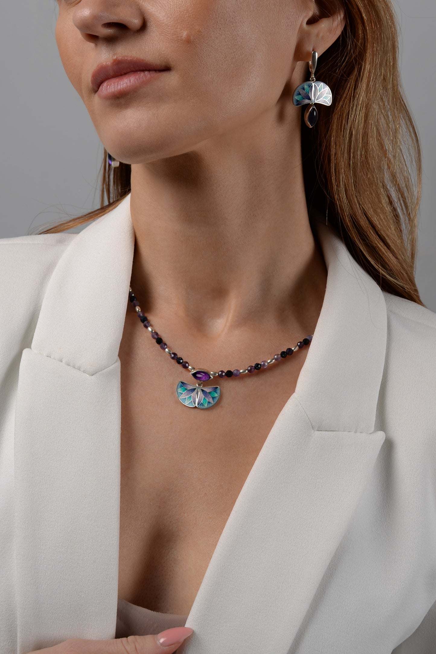 Cloisonne Enamel Necklace, Green Purple Pendant With Amethyst Marquise