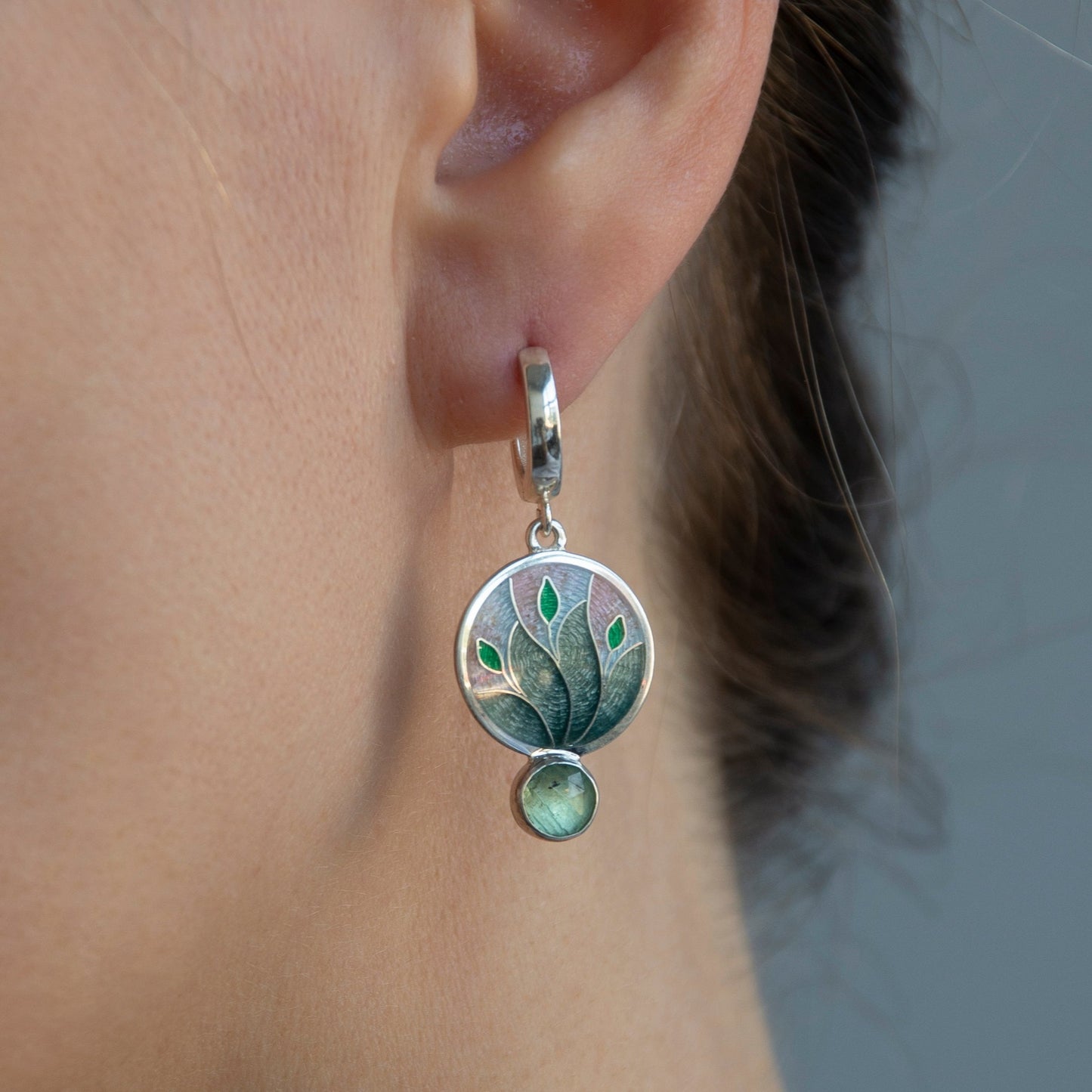Magical Forest Enamel Earrings With Green Kyanite