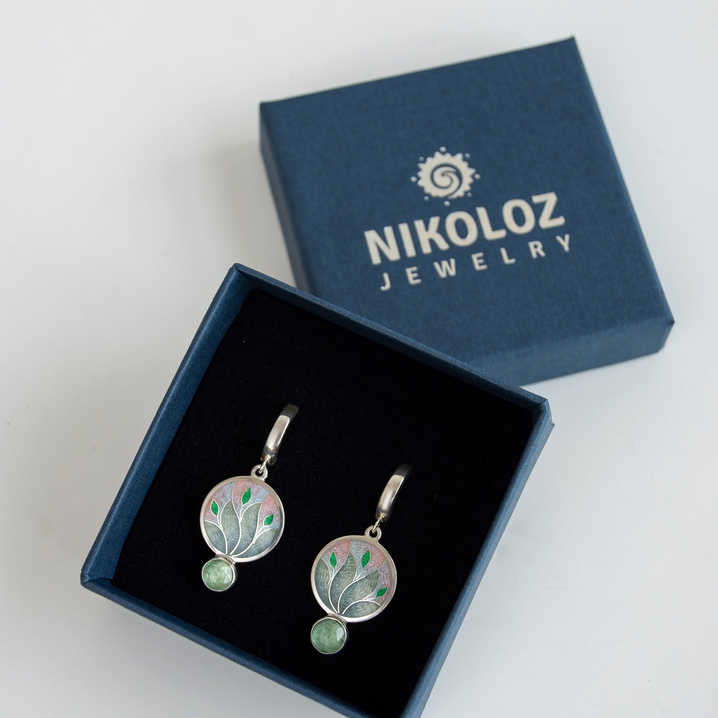 Magical Forest Enamel Earrings With Green Kyanite