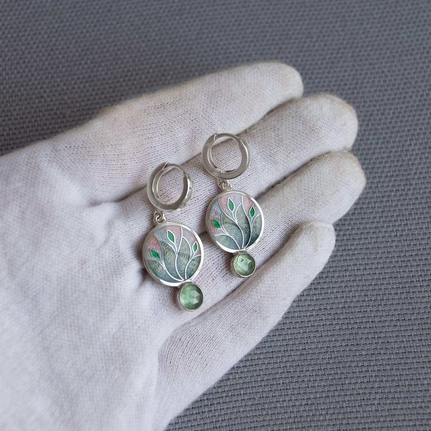 Magical Forest Enamel Earrings With Green Kyanite