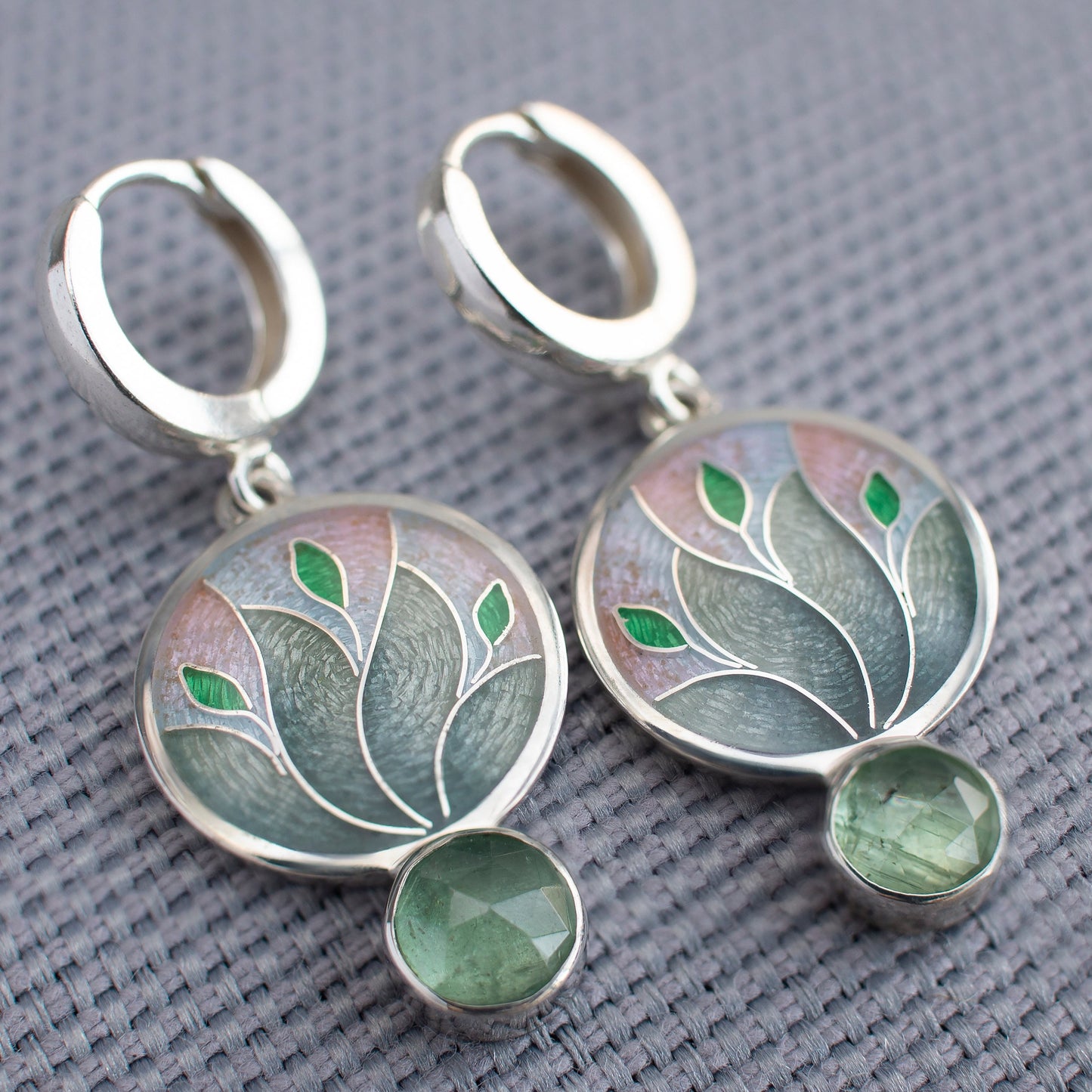 Magical Forest Enamel Earrings With Green Kyanite