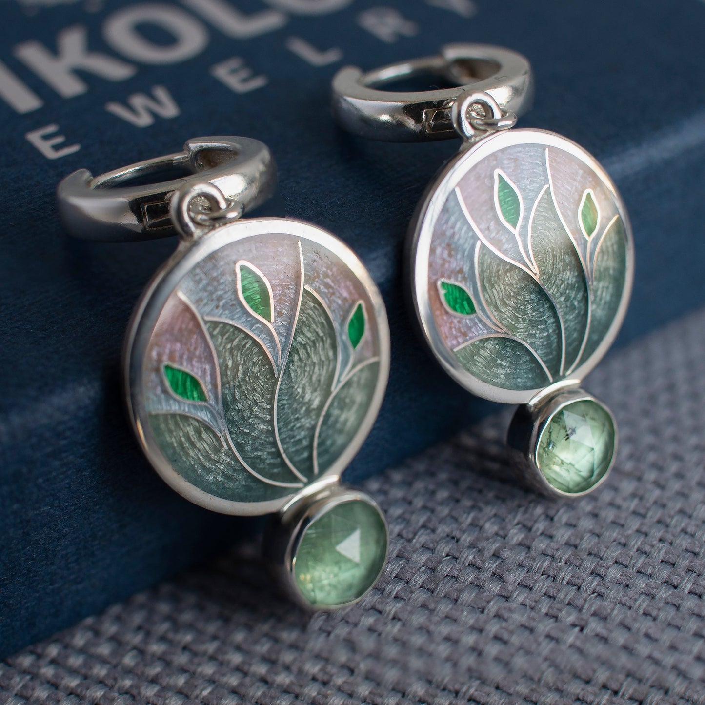 Magical Forest Enamel Earrings With Green Kyanite