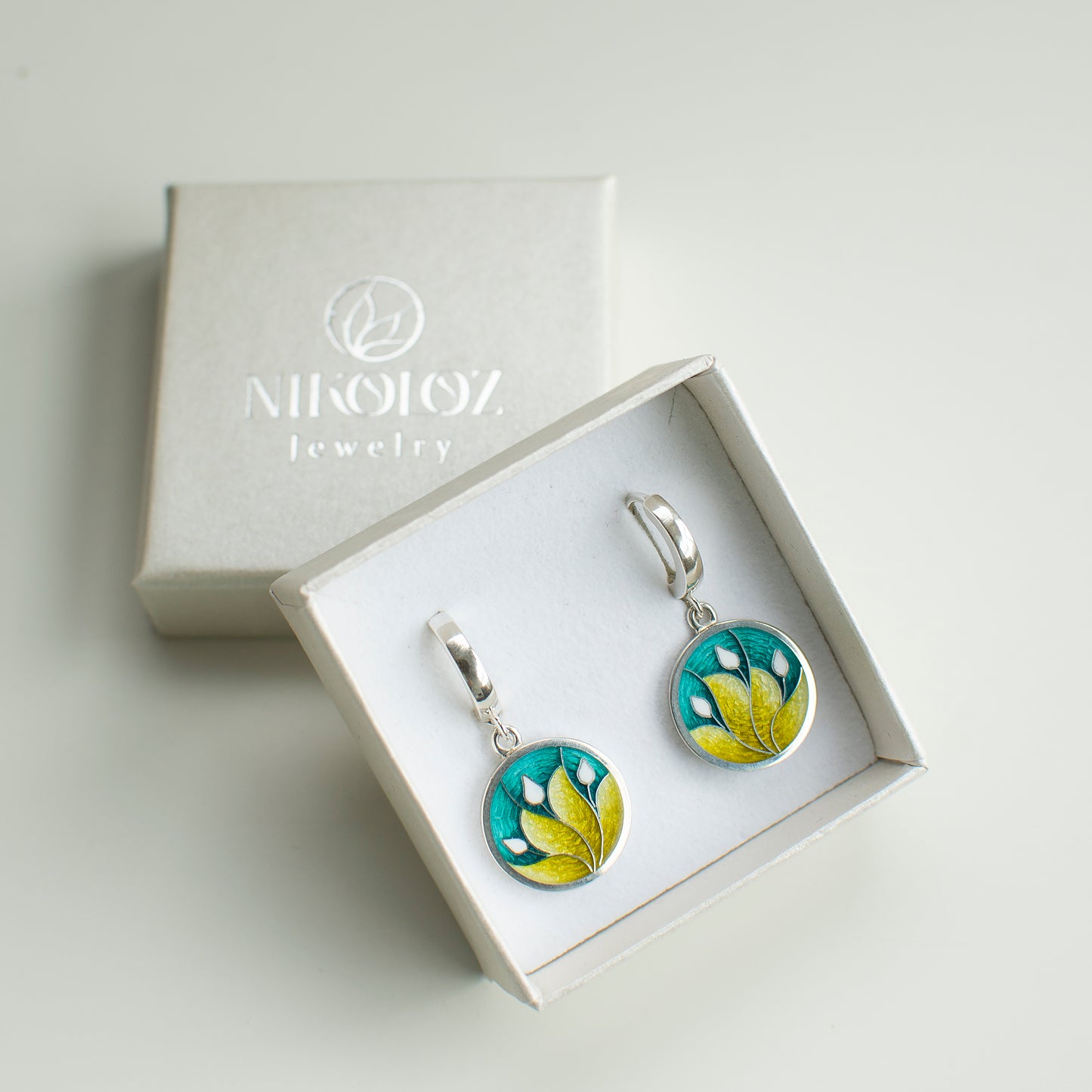 Turquoise Yellow Earrings, Cloisonne Enamel Earrings