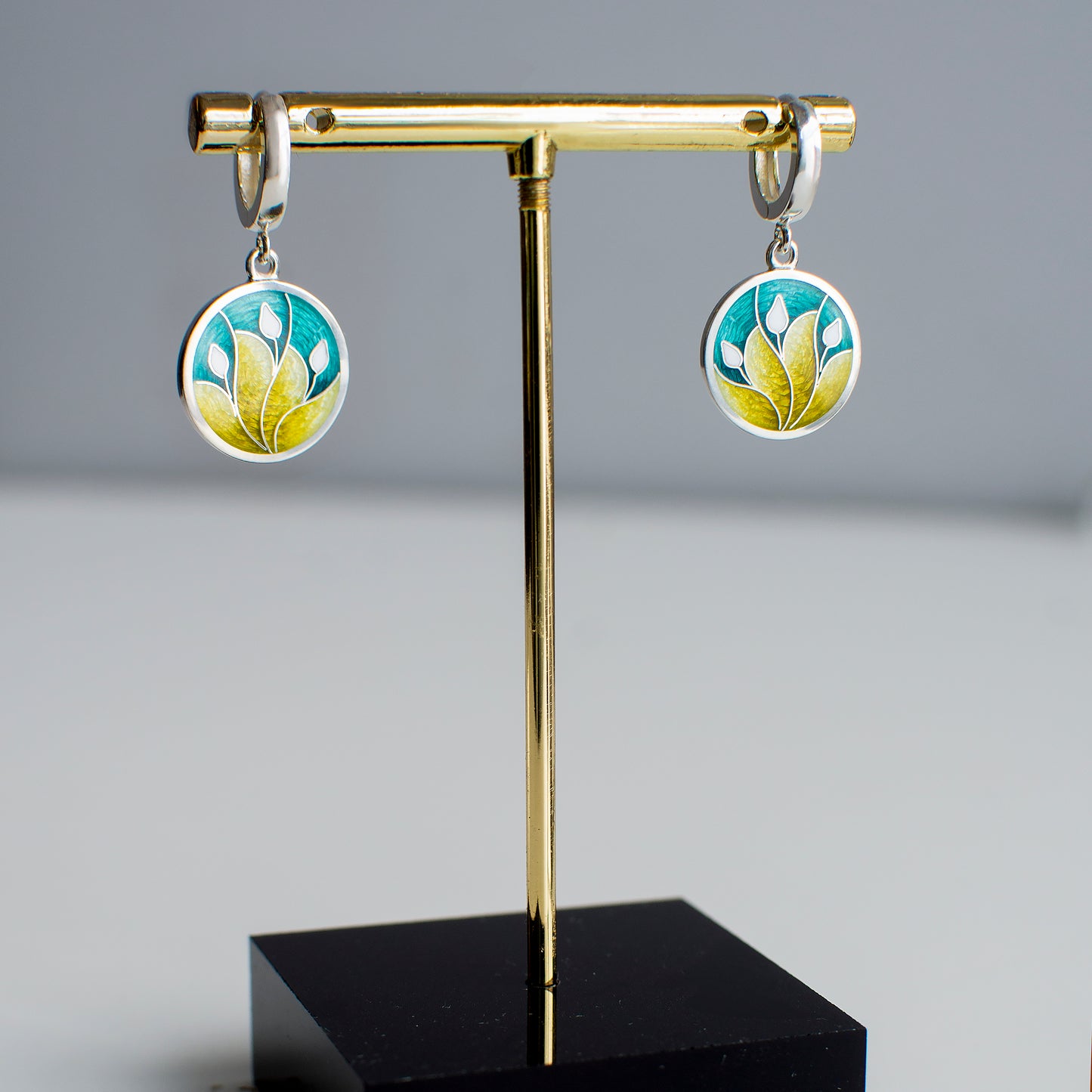 Turquoise Yellow Earrings, Cloisonne Enamel Earrings