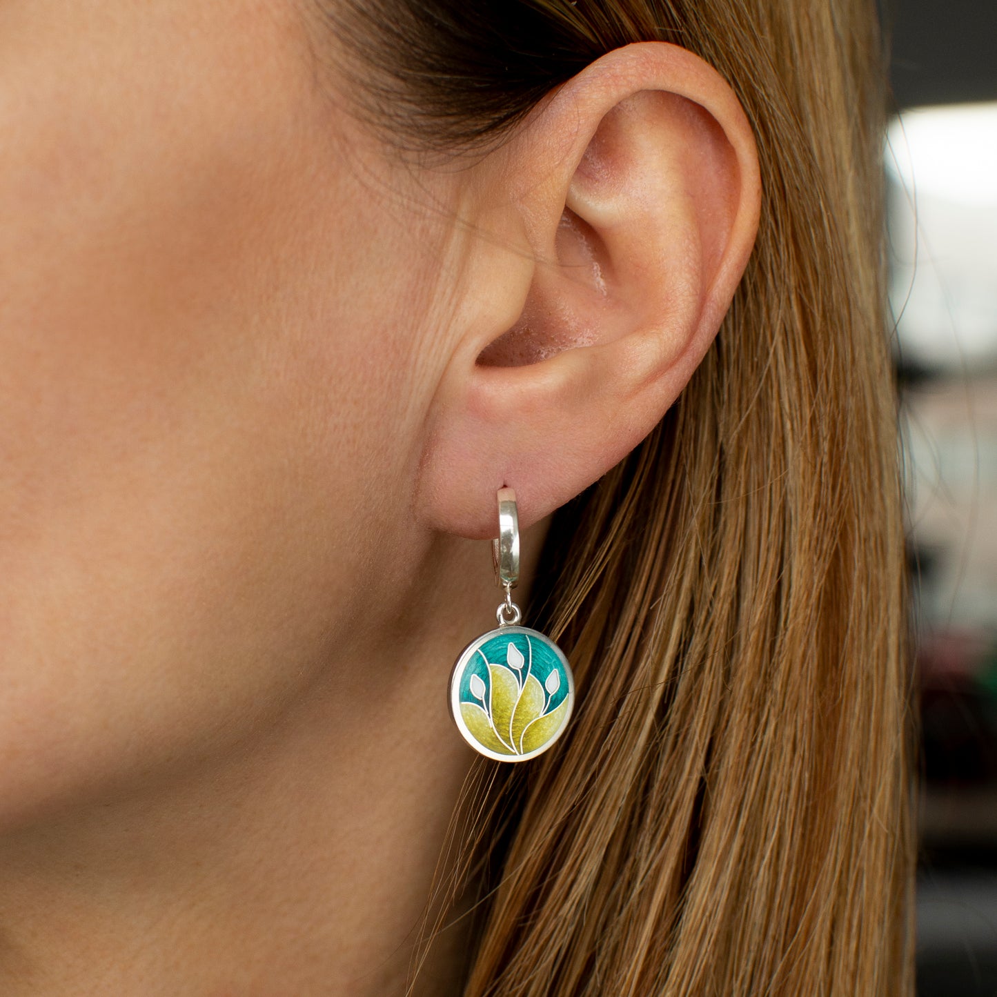 Turquoise Yellow Earrings, Cloisonne Enamel Earrings