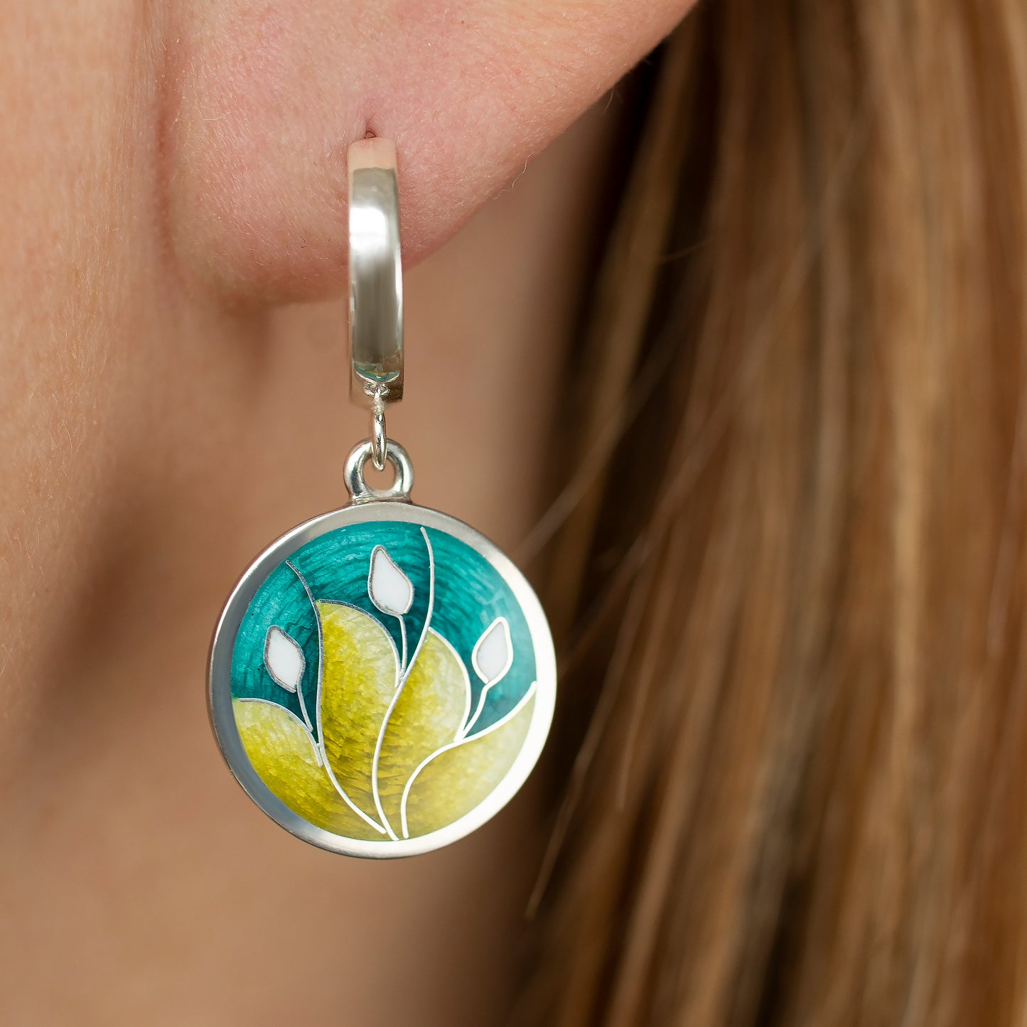 Turquoise Yellow Earrings, Cloisonne Enamel Earrings