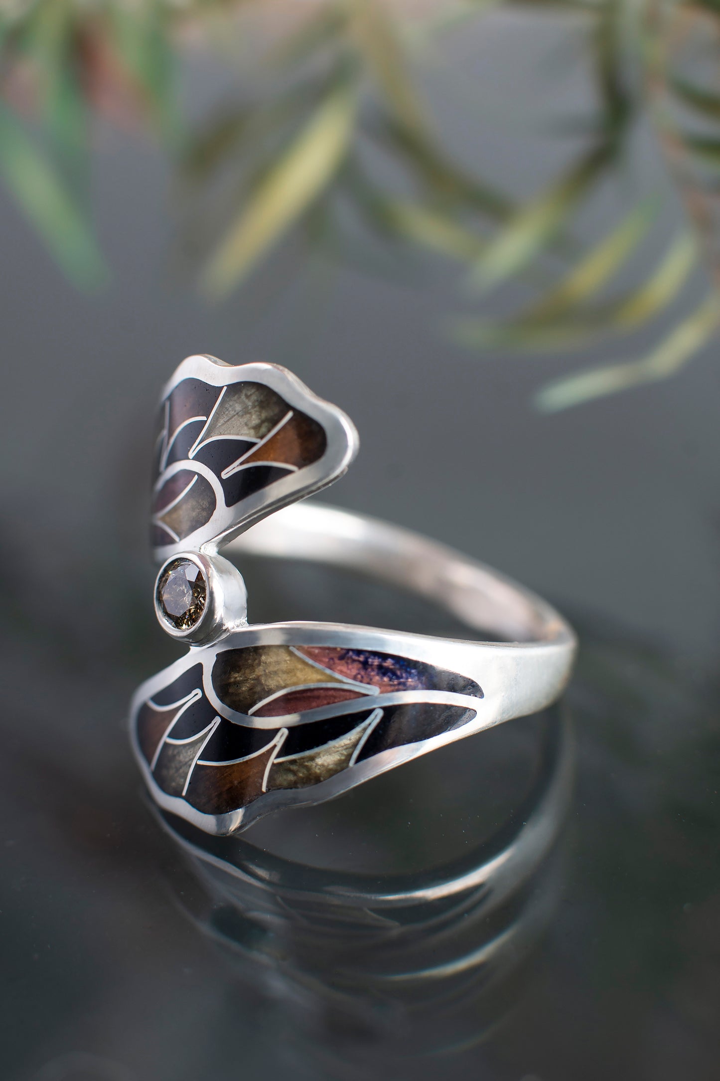 Diamond Ring, Cloisonne Enamel And Sterling Silver Ring